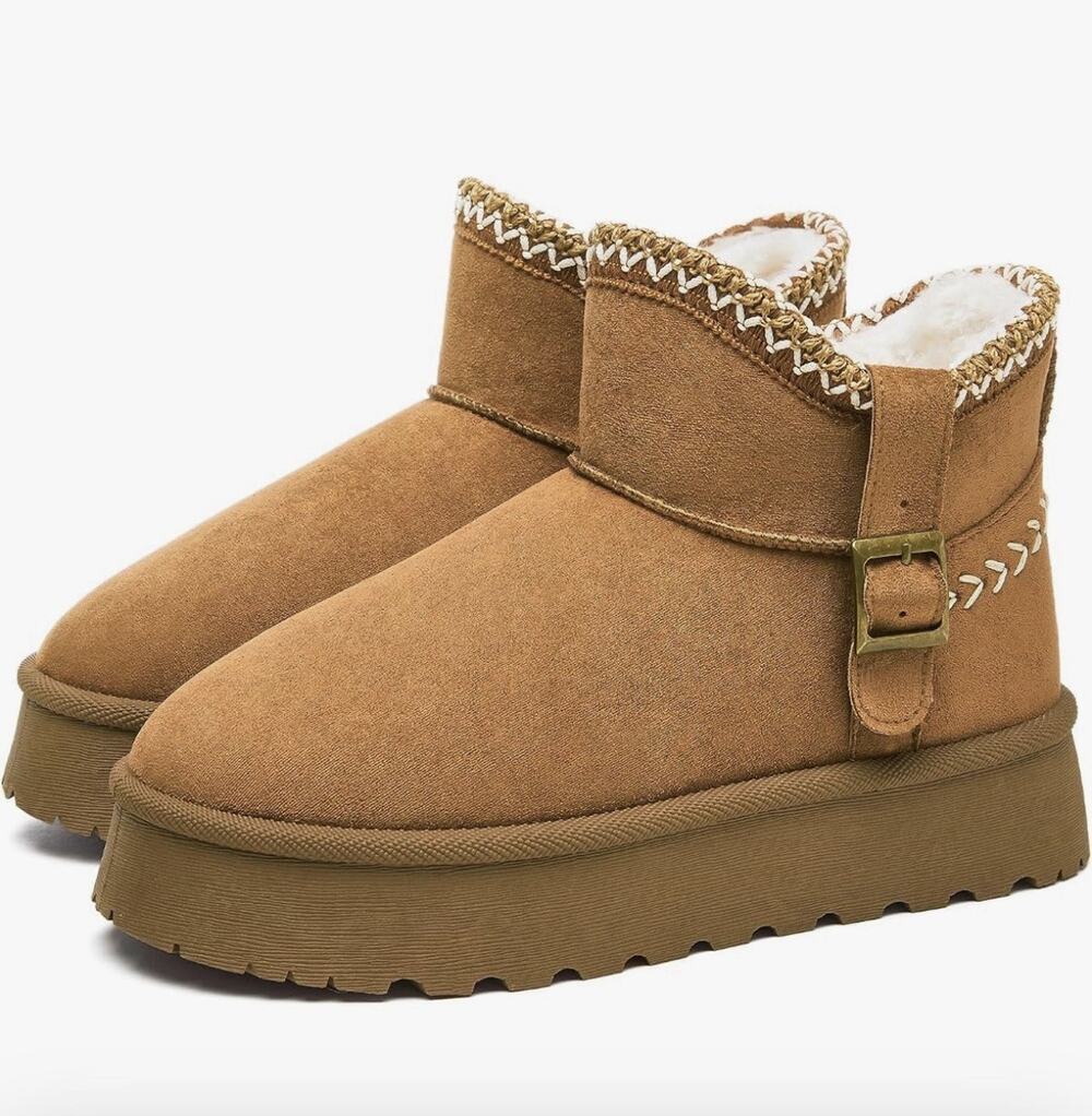 Women’s Suede Ankle Booties Chestnut Brown Faux Fur Platform Winter Size 9